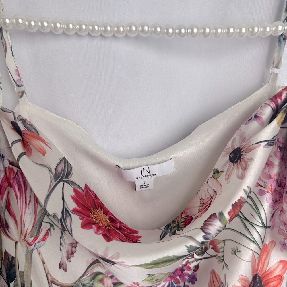 Wildflower Print Off The Shoulder Spaghetti Strap Cowl Neck Midi Slit Dress - Picture 3 of 4